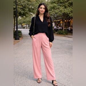 Lush Blush Pink Wide Leg Pants & Black Blouse Matching Set – Casual Chic Outfit